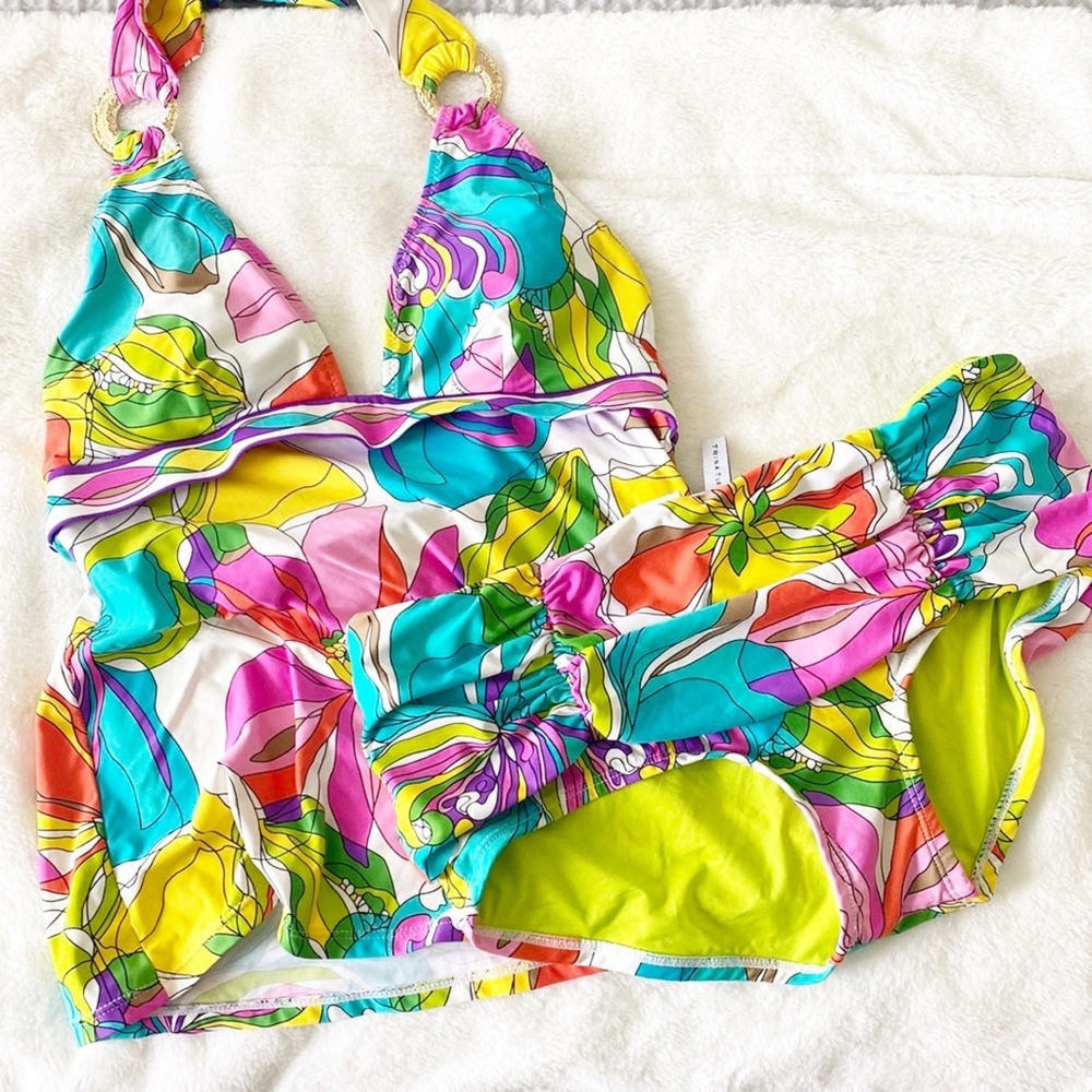 Trina Turk vibrant tropical floral halter top tankini with gold hardware